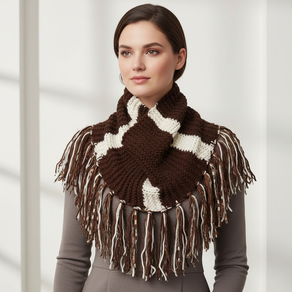 NEW Cowl Scarf Fringe Hand Knitted Brown Cream Boho Earthy Hippie Cottage Cozy
