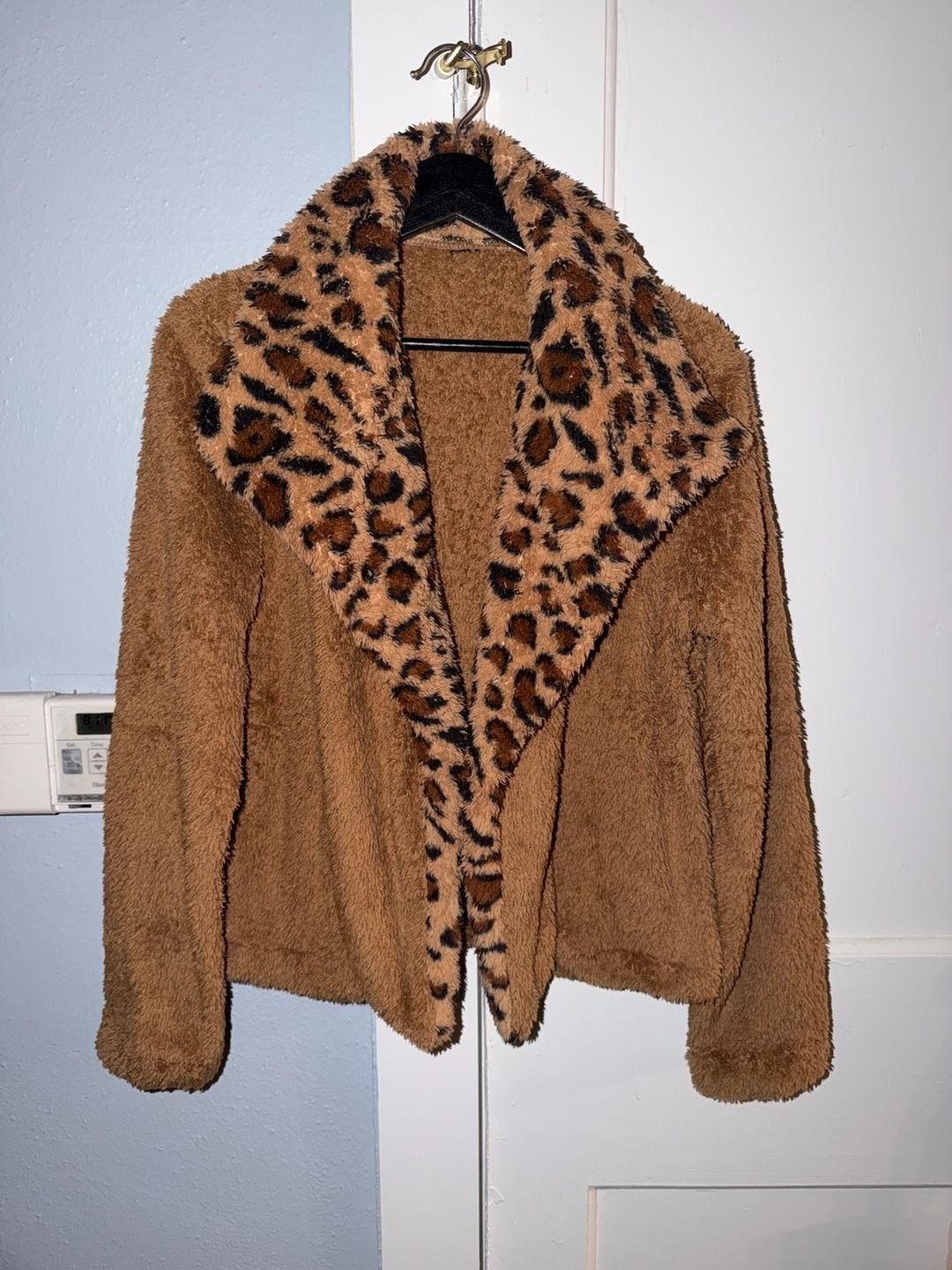 Brown Faux Fur Leopard Print Trim Open Front Sherpa Jacket