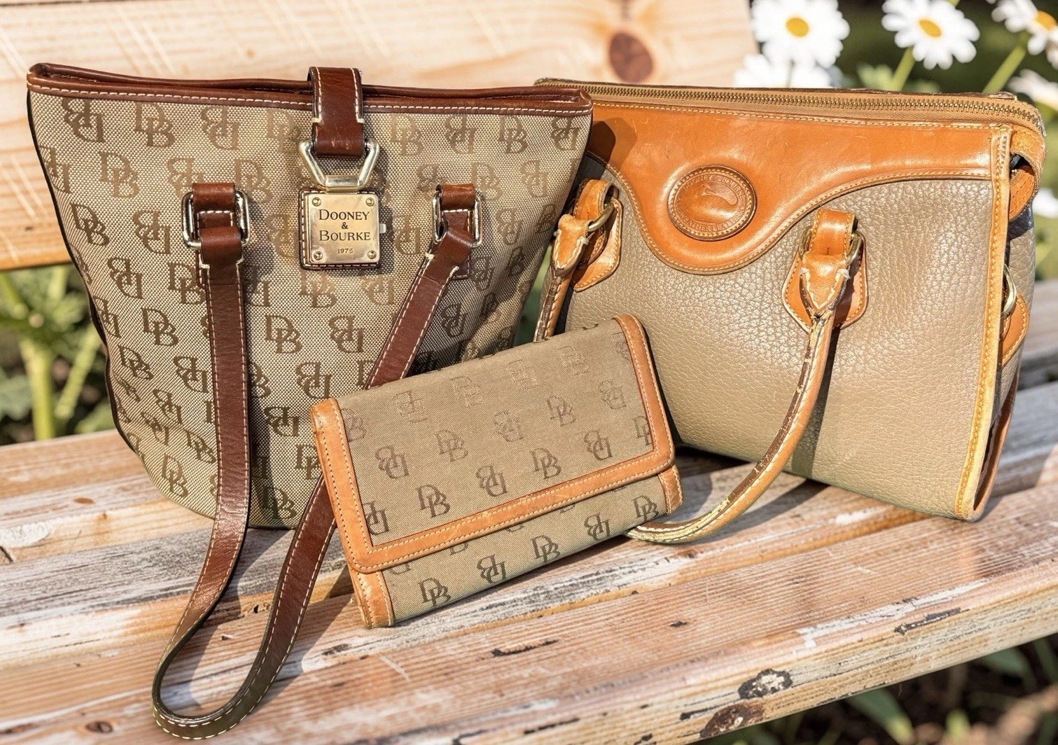 Dooney Bourke Bundle Lot Leather Bags Beige Brown DB Logo Tote Satchel Wallet