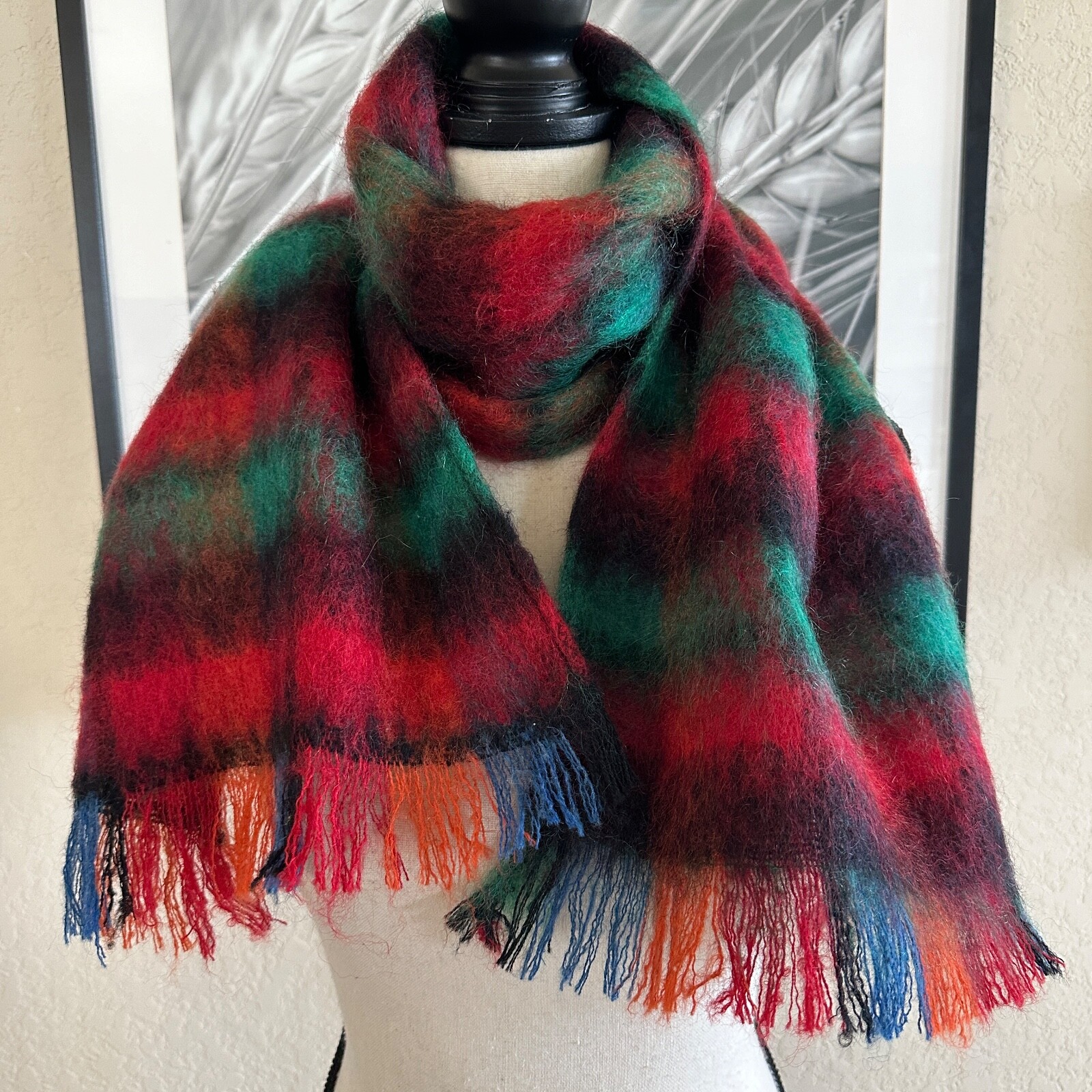 DOLORES Unique Design Mohair Wool Fringe Scarf Plaid Camp Wood Texas