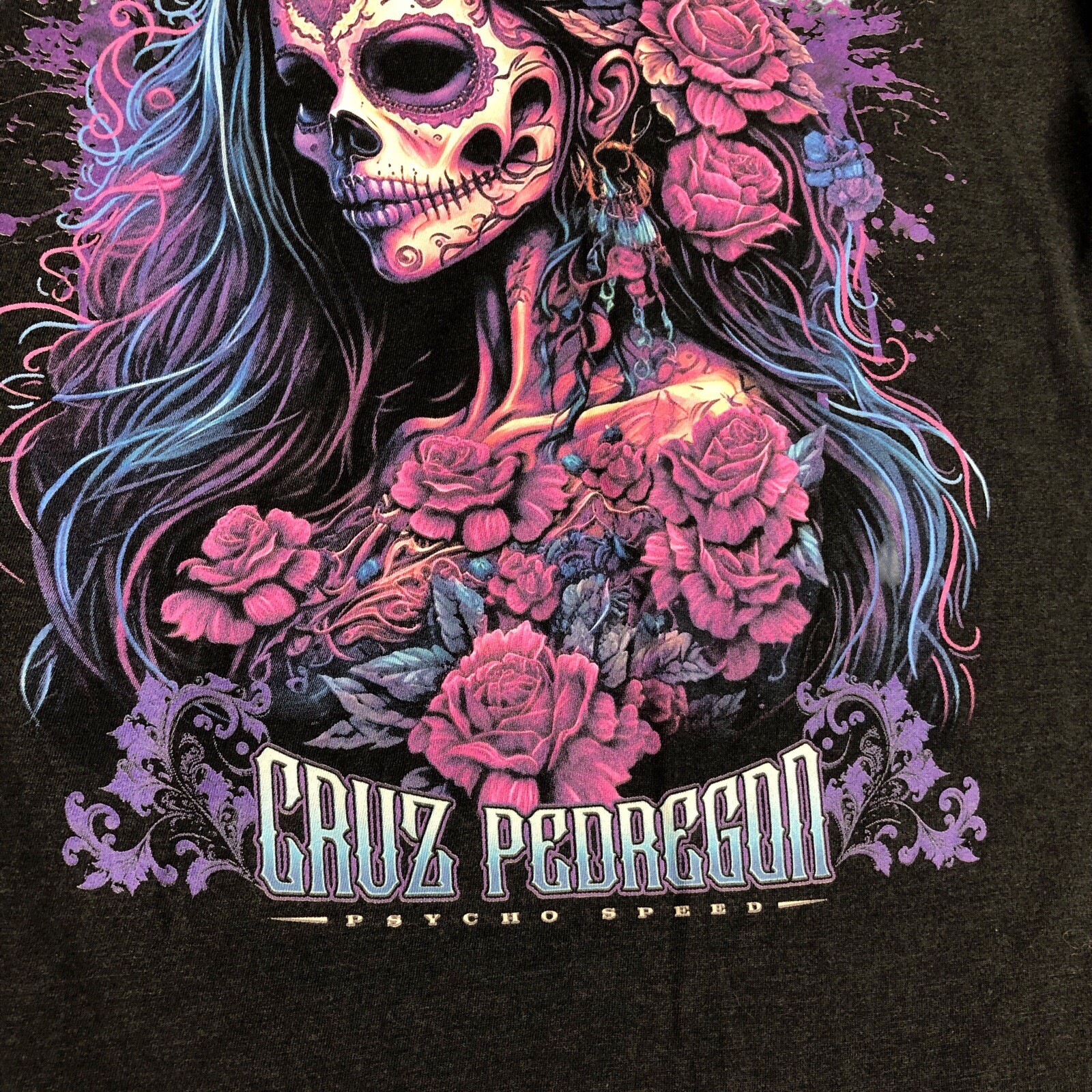 Cruz Pedregon Top Womens S/M Charcoal Gray Sugar Skull Psycho Speed Racing Moto
