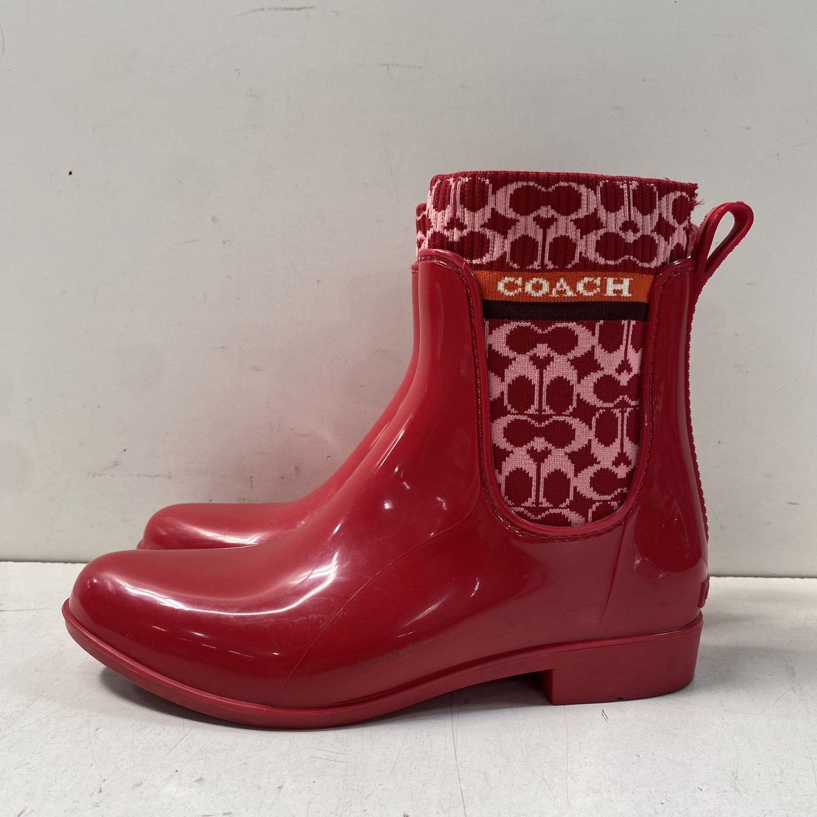 Coach Logo Red Rubber Synthetic Pull-On Rain Boots 8
