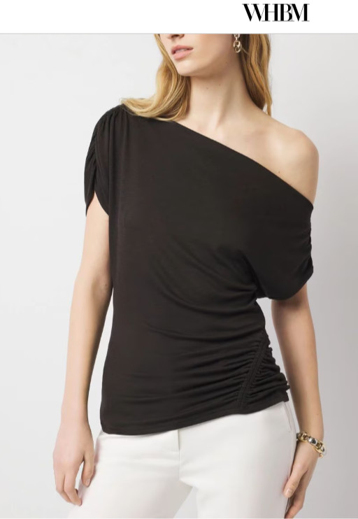WHBM Black One Shoulder Ruched Top S Asymmetrical Drape Quiet Luxury EUC