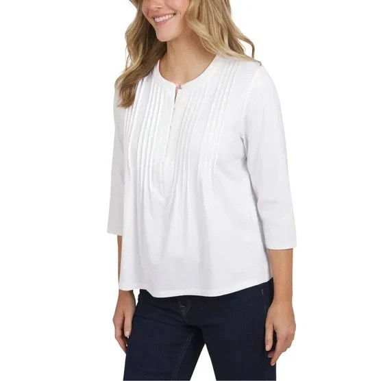 Lands’ End Women’s Button Front Pintuck Top, White, SizeL