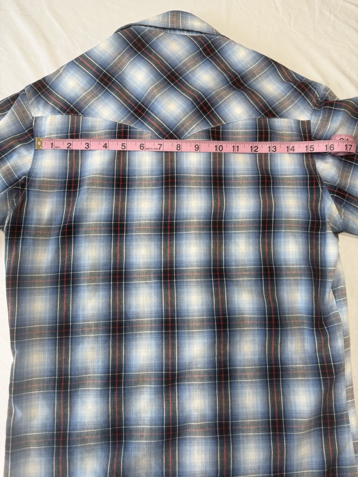 Wrangler Men’s Western Pearl Snap Shirt Blue Plaid, Short Sleeve, Size Small
