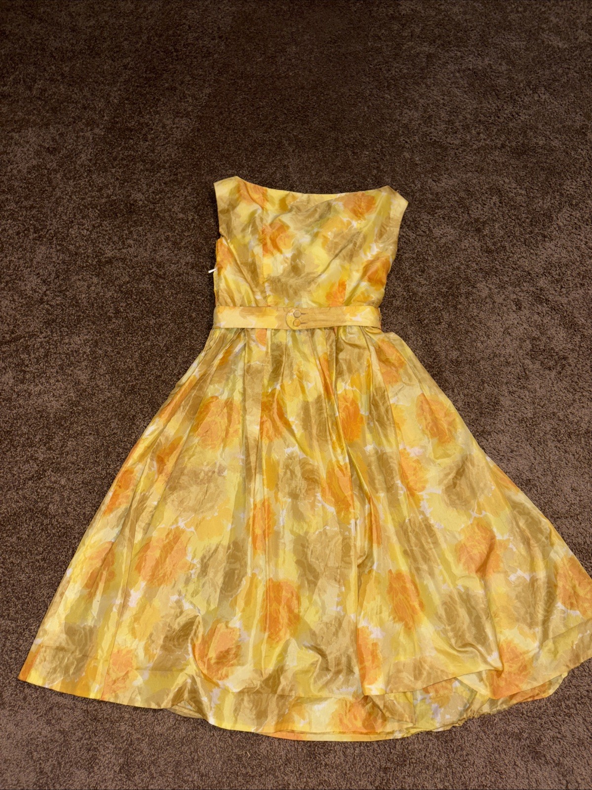 50s 60s Vintage Mod Yellow Orange Floral Dress Plus Size 42 Trevira 10/12