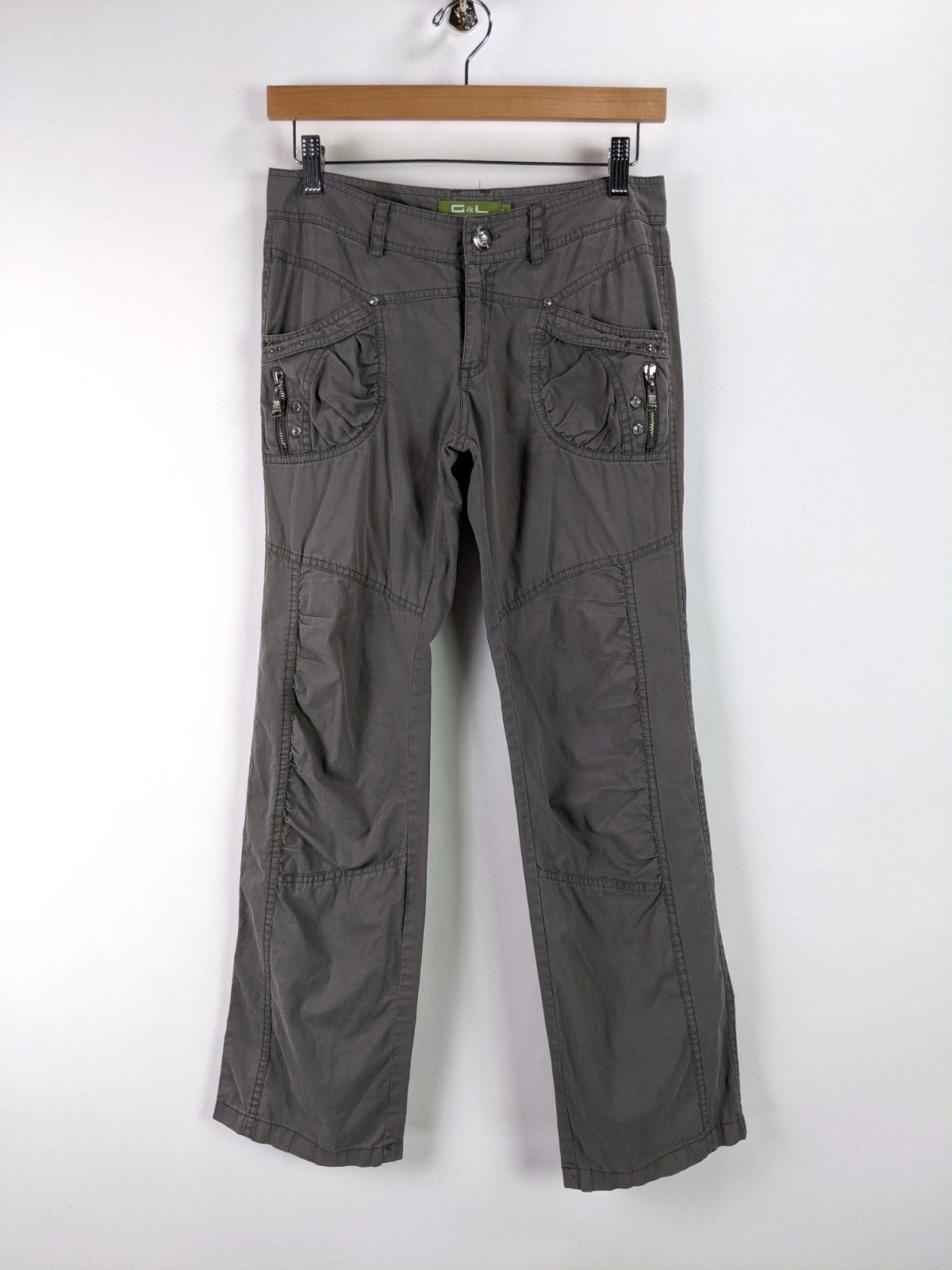 G&L Womens Cargo Utility Pants Ruched Zip Pockets Straight Leg Gray Size XS/S
