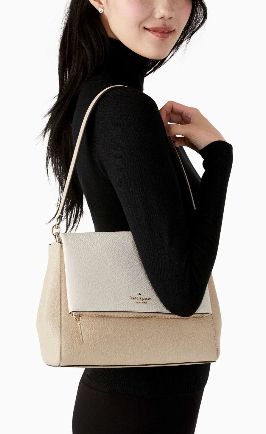 Kate Spade Leila Medium Flap Shoulder Bag Beige & White Leather