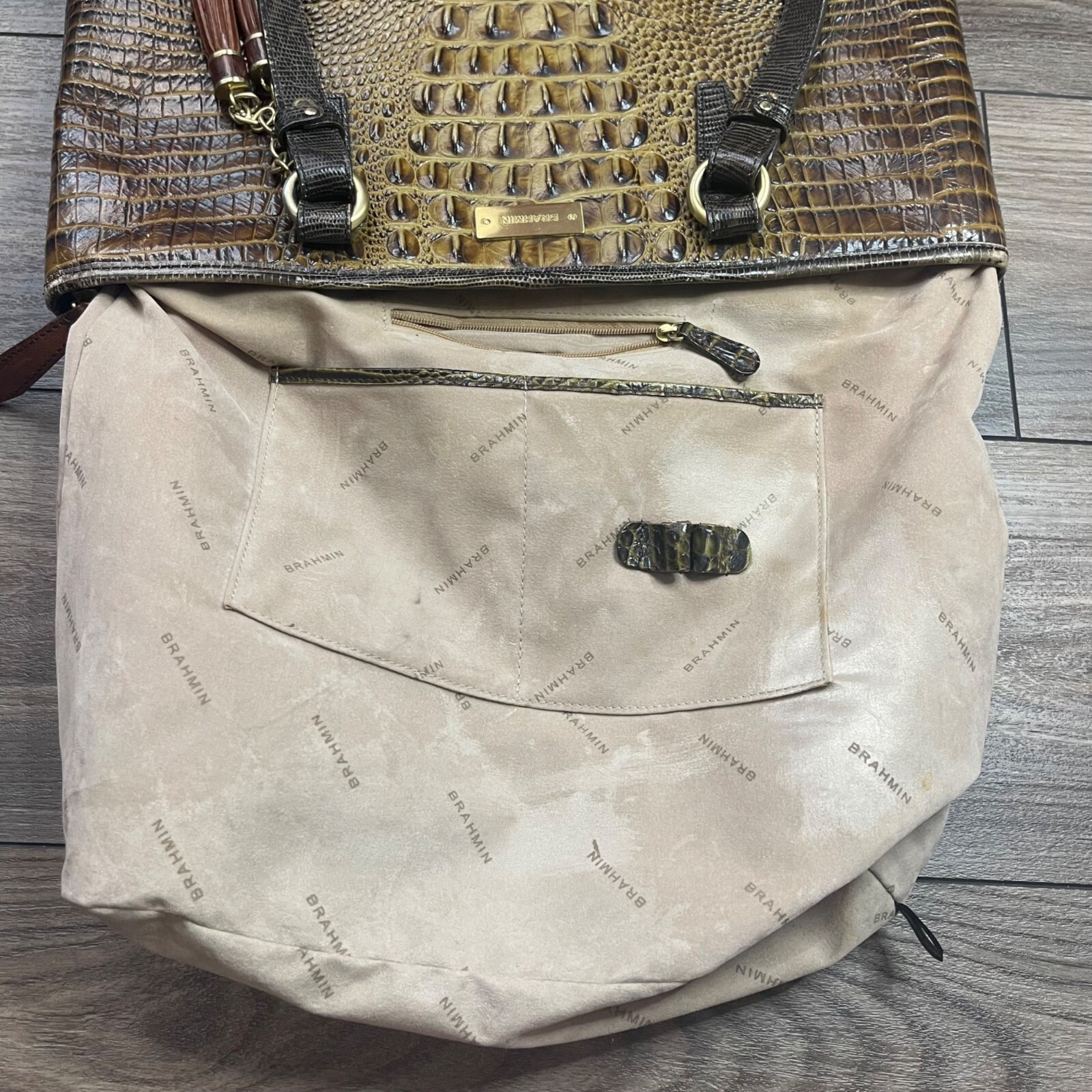 Brahmin Gold Medium Asher Tote Croc-Embossed Leather 16″ W X 10.25″ H X 5″ D FLA