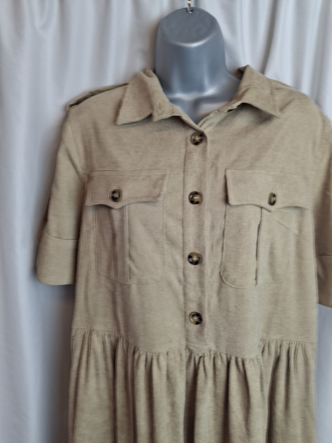 Tiered Shirt Dress Jolie Moi Military Ecru uk14 Short Sleeves Pocket Casual