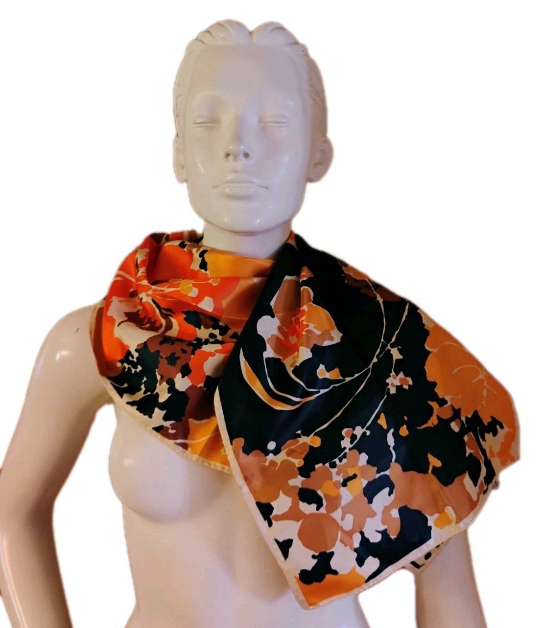 VTG “Totes” Rain Repellent Black, Orange, Yellow & Tan Abstract Floral Scarf