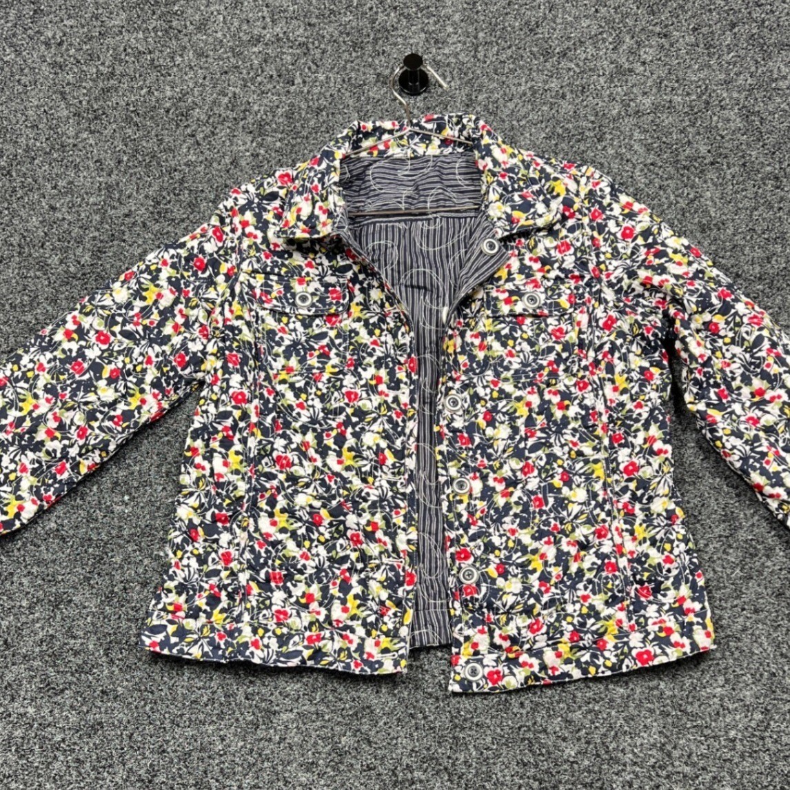 Reversible Quilted Jacket L/XL Navy Floral Print Button Front Cottagecore Boho
