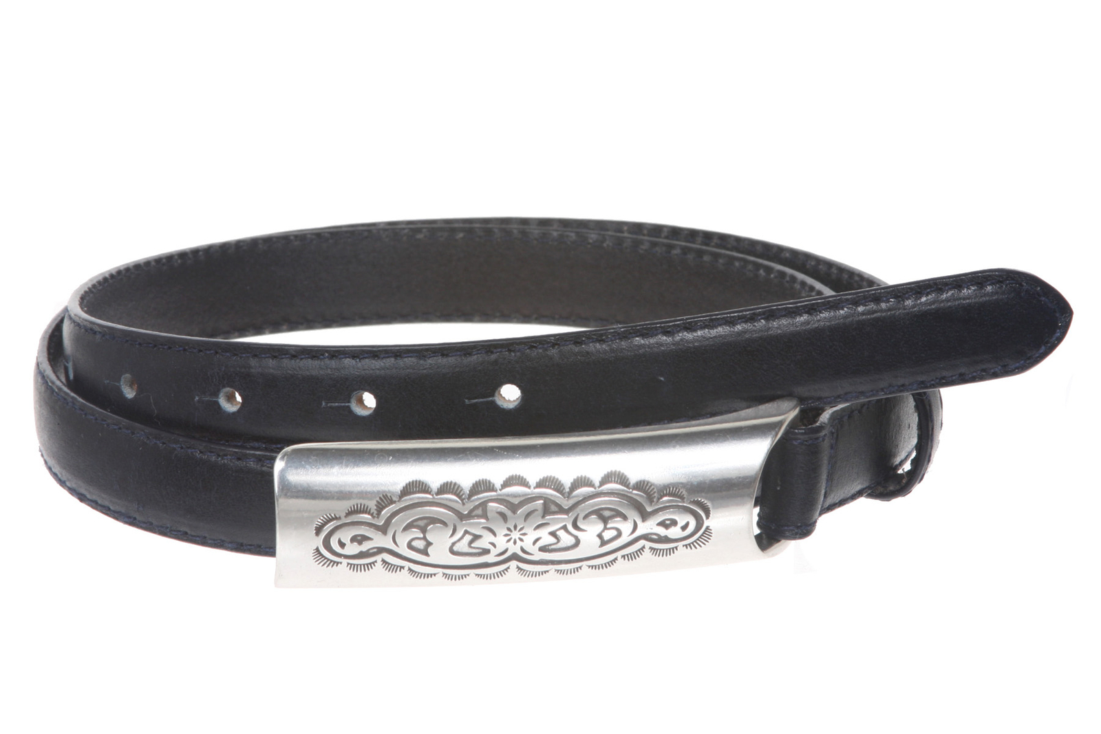 3/4 Inch (19mm) Embossed Rectangular Feather Edged Skinny Stitch Leather Belt