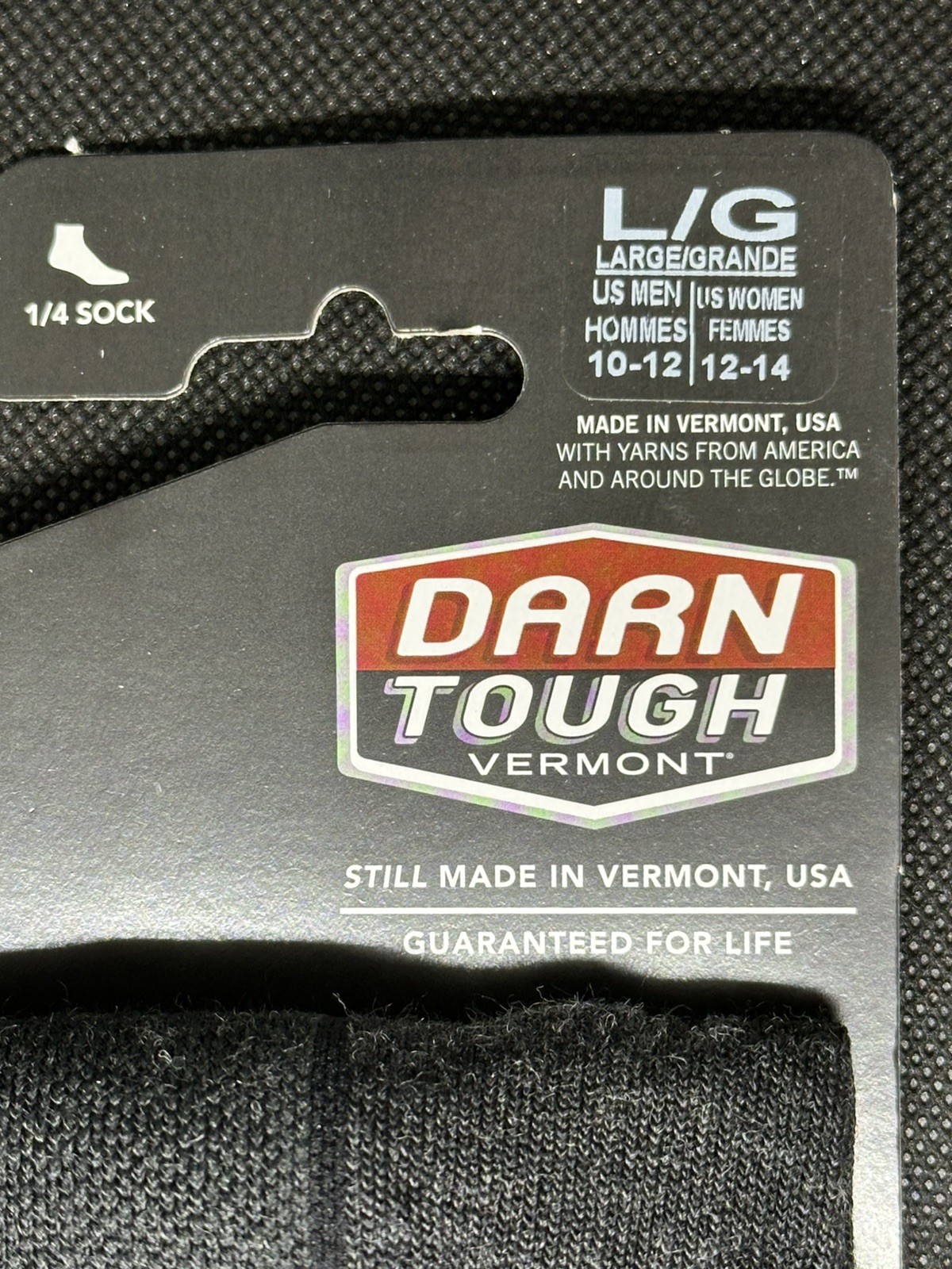 DARN TOUGH style 1959 Black Hiker/Trek 1/4 mid weight hiking socks. Large