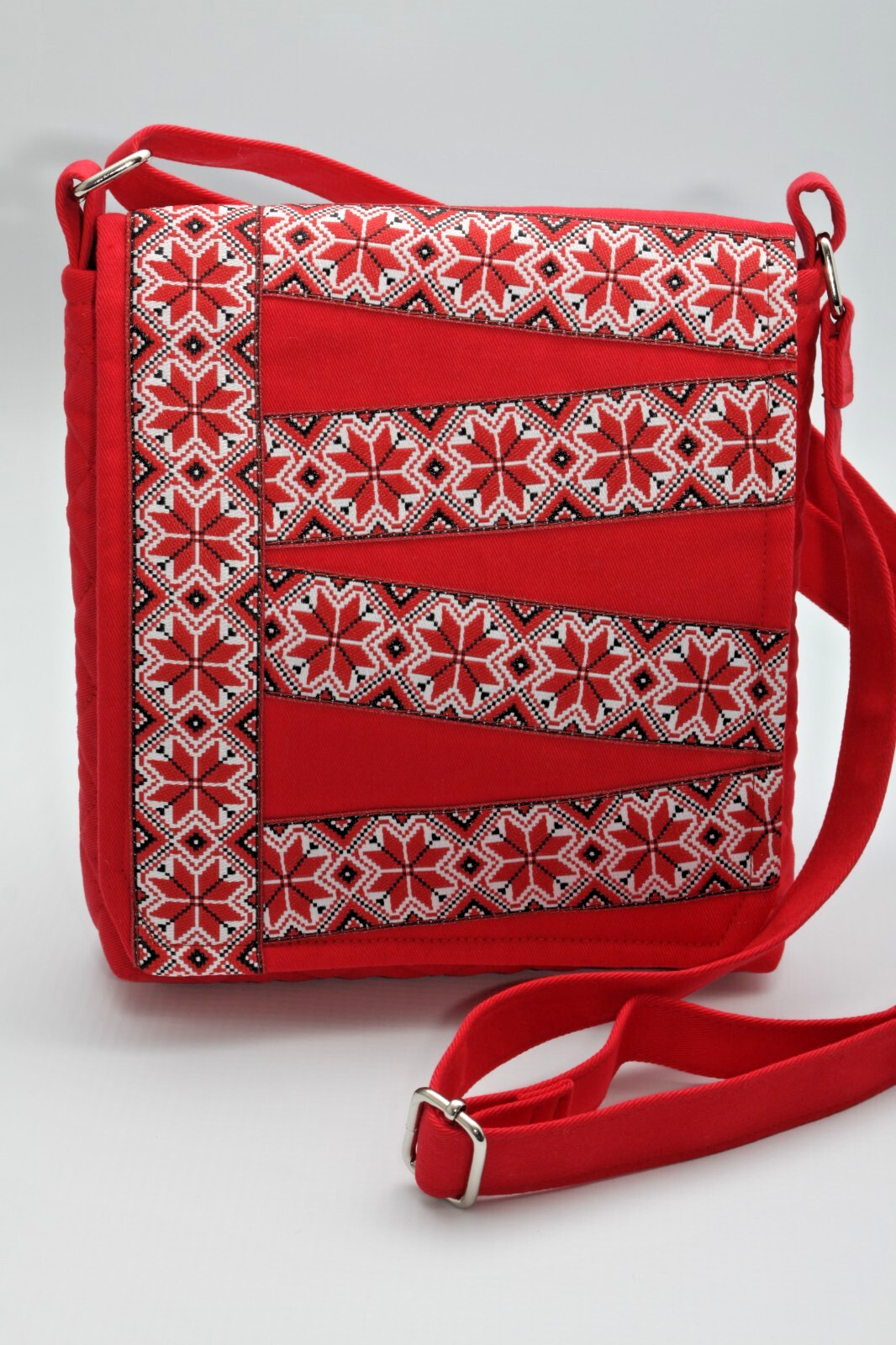 Red Natural Cotton Crossbody Bag Embroidered Adjustable Strap.