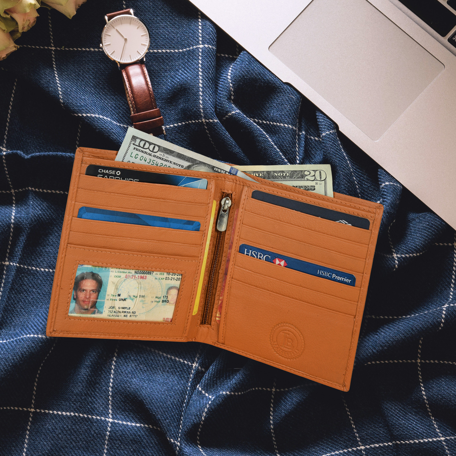 Leatherboss Genuine Leather Slim Hipster Cowhide Credit Card Bifold Wallet