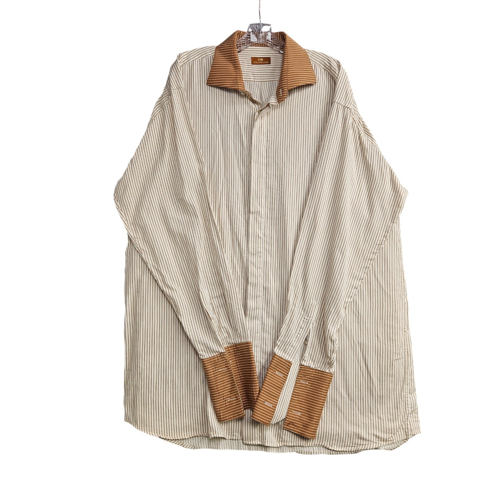 Steven Land Mens Tall 18 38/39 Dress Shirt Tan Wht Pinstripe French Cuff Cotton