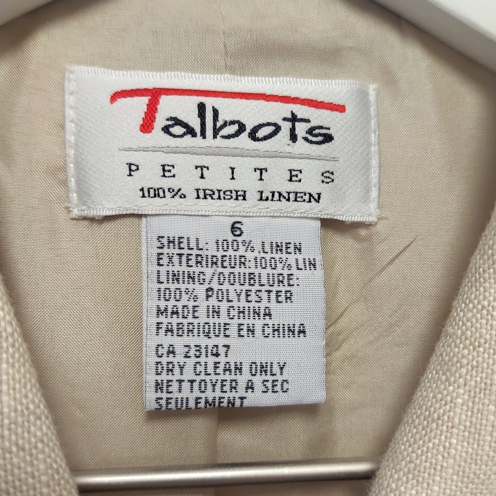 Talbots Petites 100% Irish Linen Safari Jacket Beige Tan Button Up Blazer Size 6