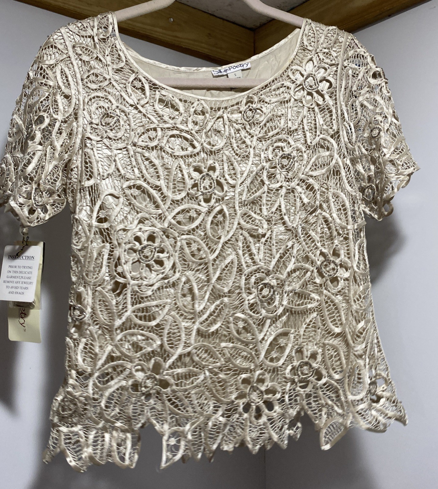 Silken Pottery VTG Crochet Floral Lace Blouse S Beaded Boho Whimsigoth Coquette