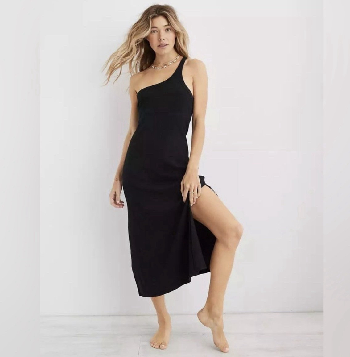 Aerie Ribbed One Shoulder Midi Dress Black Medium Asymmetrical Side Slit Stretch