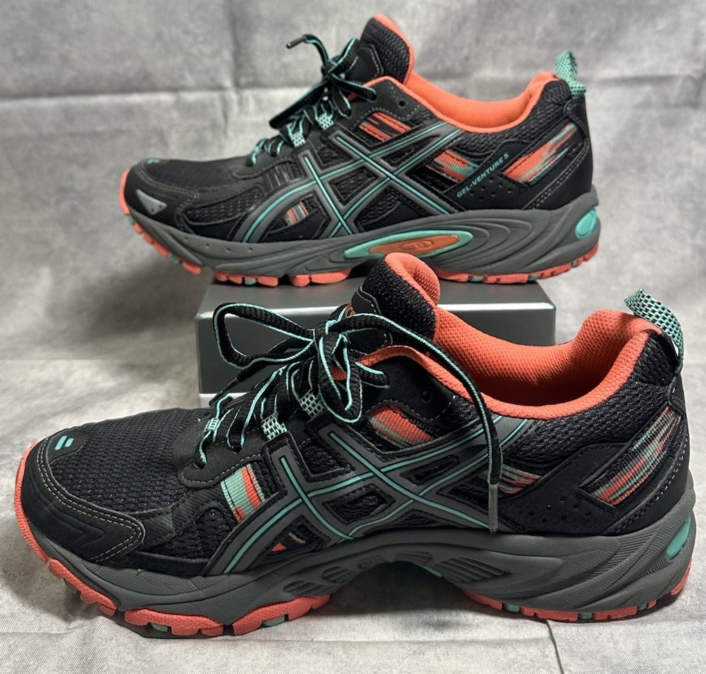 Asics Gel Venture 5 Black Mint Coral Trail Running Shoes T5N8N Women’s Sz 8.5