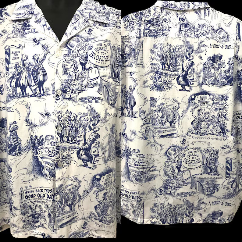 Rare Vintage Hawaiian Shirt Cartoon Print Novelty Fun