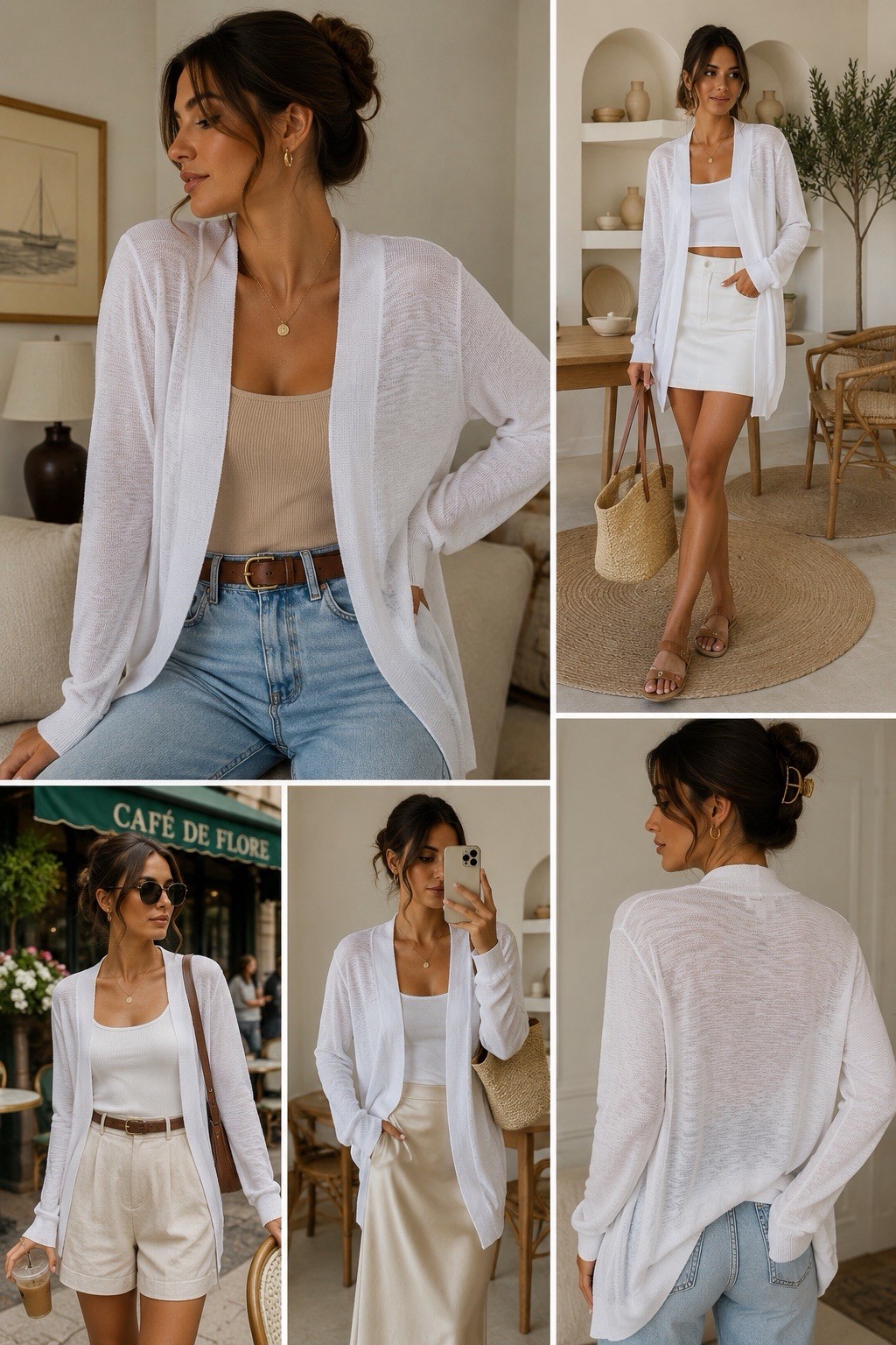 Belle Kim Gravel White Open Front Sheer Cardigan Cotton Blend Lightweight L