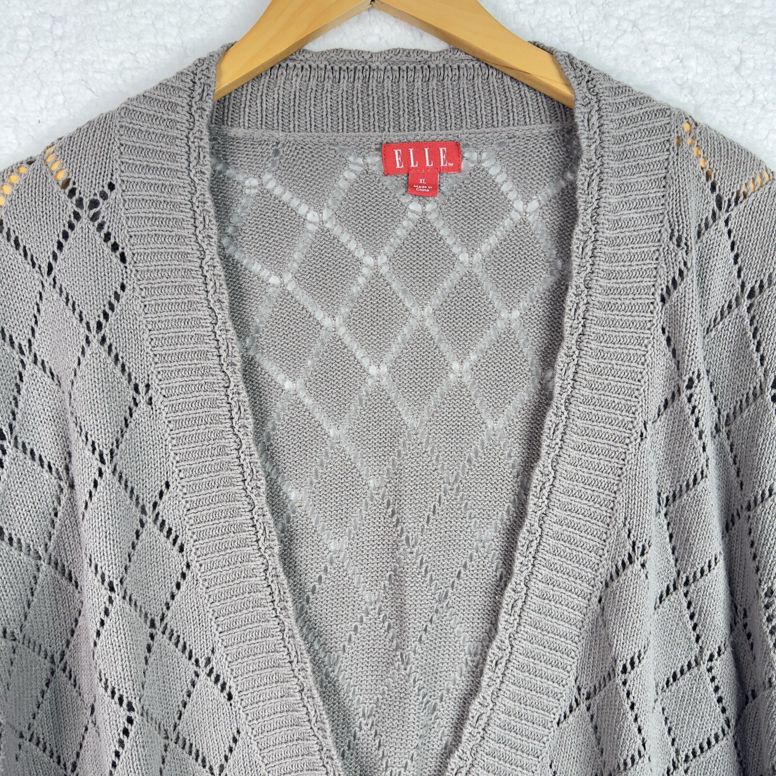 ELLE Gray Open Knit Cardigan Argyle Dolman Oversized Boho Cozy Sweater XL