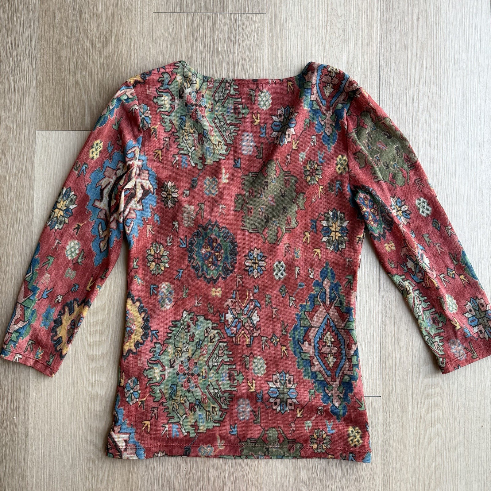 Chaps Geometric Print V-Neck Top 3/4 Sleeve M Red Multi