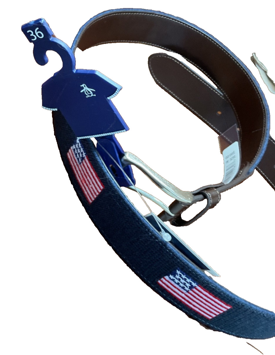 Penguin Men’s Belt Size MEDIUM 36 BLUE AMERICAN FLAG EMBROIDERED Woven NWT