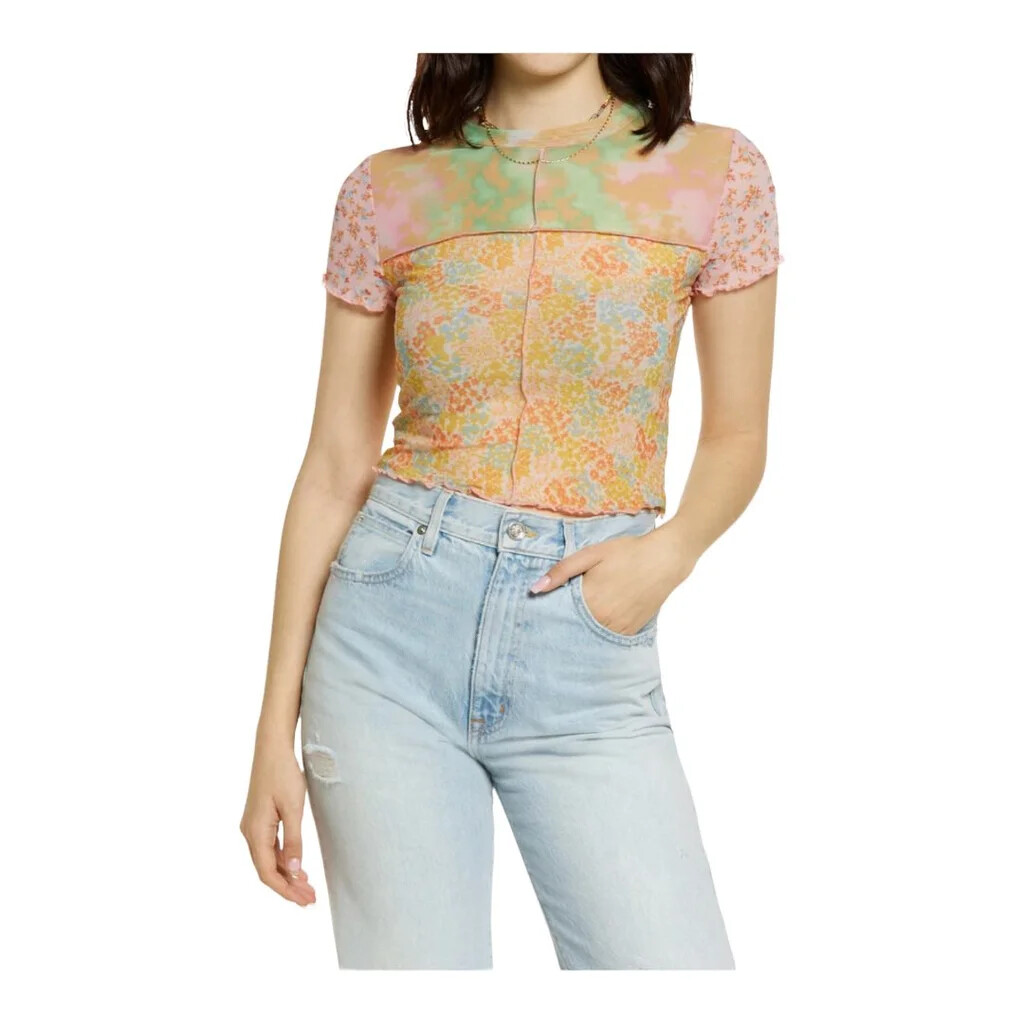BP Floral Mesh Patchwork Baby Tee Y2K Fairy Sheer Pastel Crop Top XL NEW