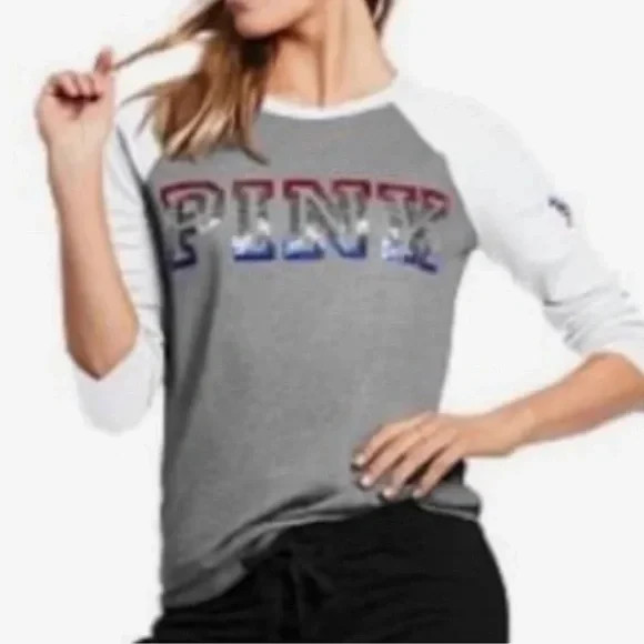 VS Pink Gray Baseball Tee Red White Blue Sequin Logo Top Sz L