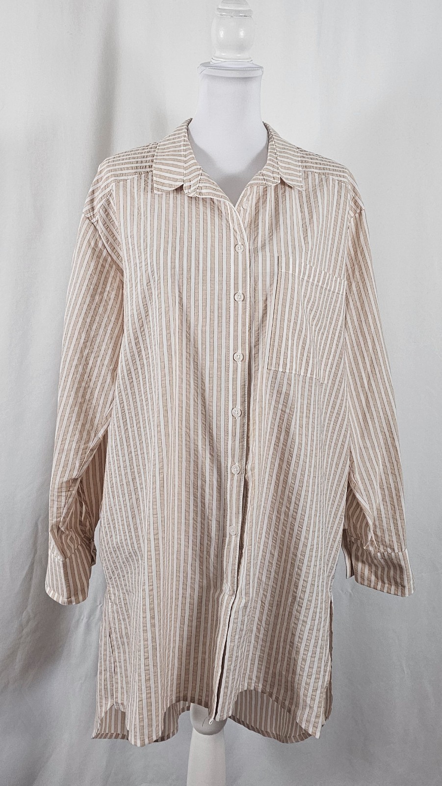Anthropologie Womens Button Down Long Shirt Tan White Red Stripes Size Large