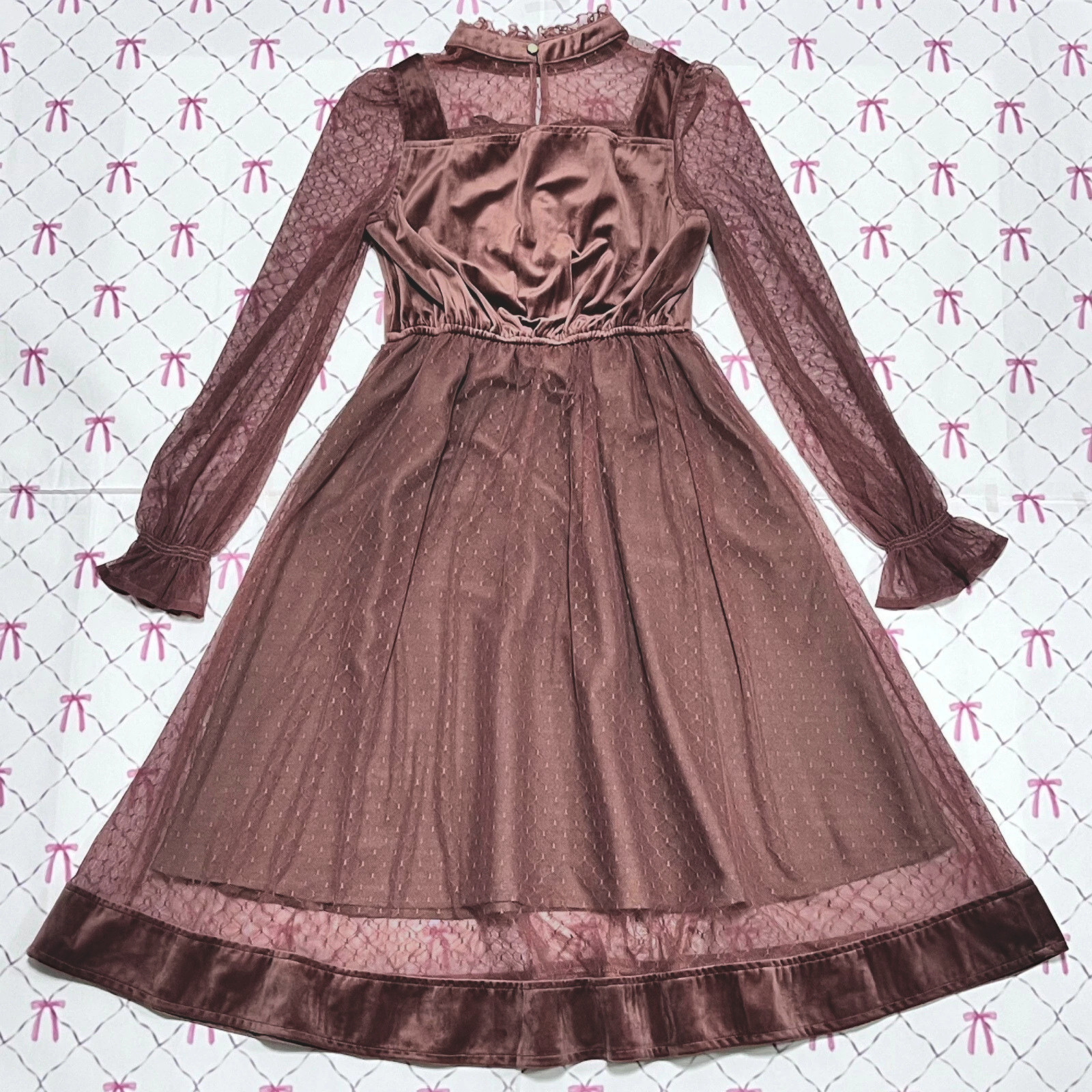 Velour Lace Long Dress Red M Elegant Kawaii Jashion Party Feminin
