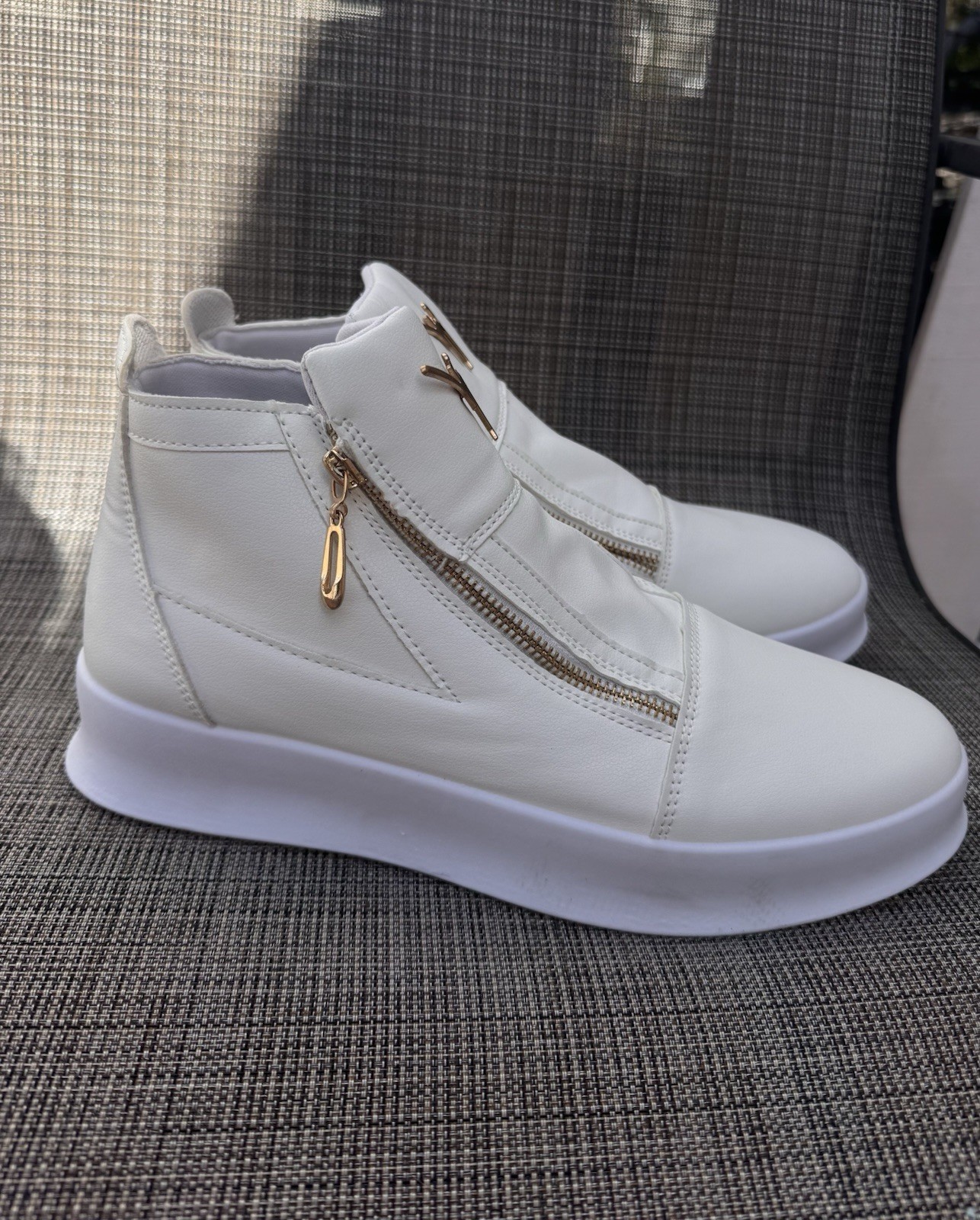 Men White High-Top Casual Sneakers,Thick Rubber Sole, Synthetic Material Size 44