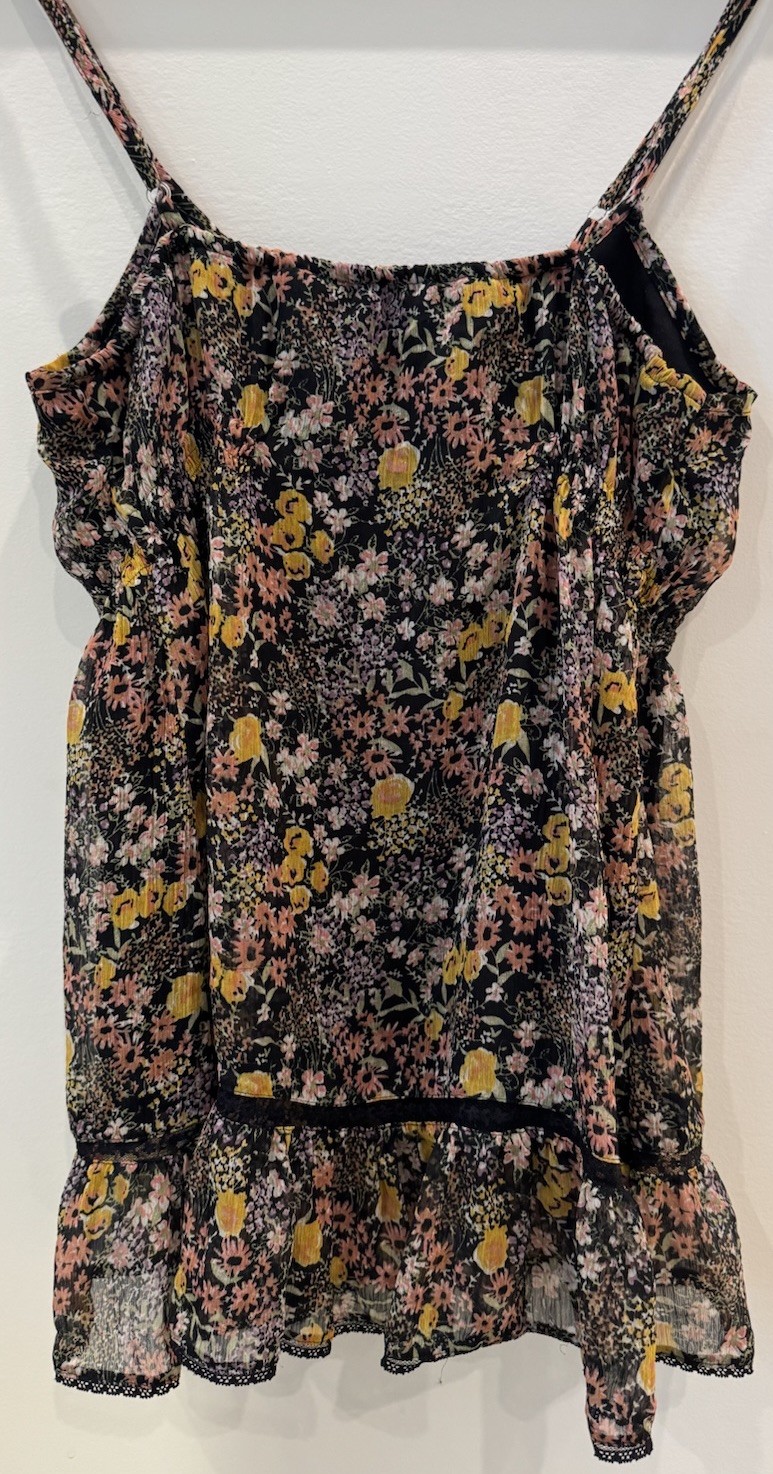 Y2K Decree Juniors Floral Chiffon Tank Top M Lace Trim Boho Ruffle Hem Lined