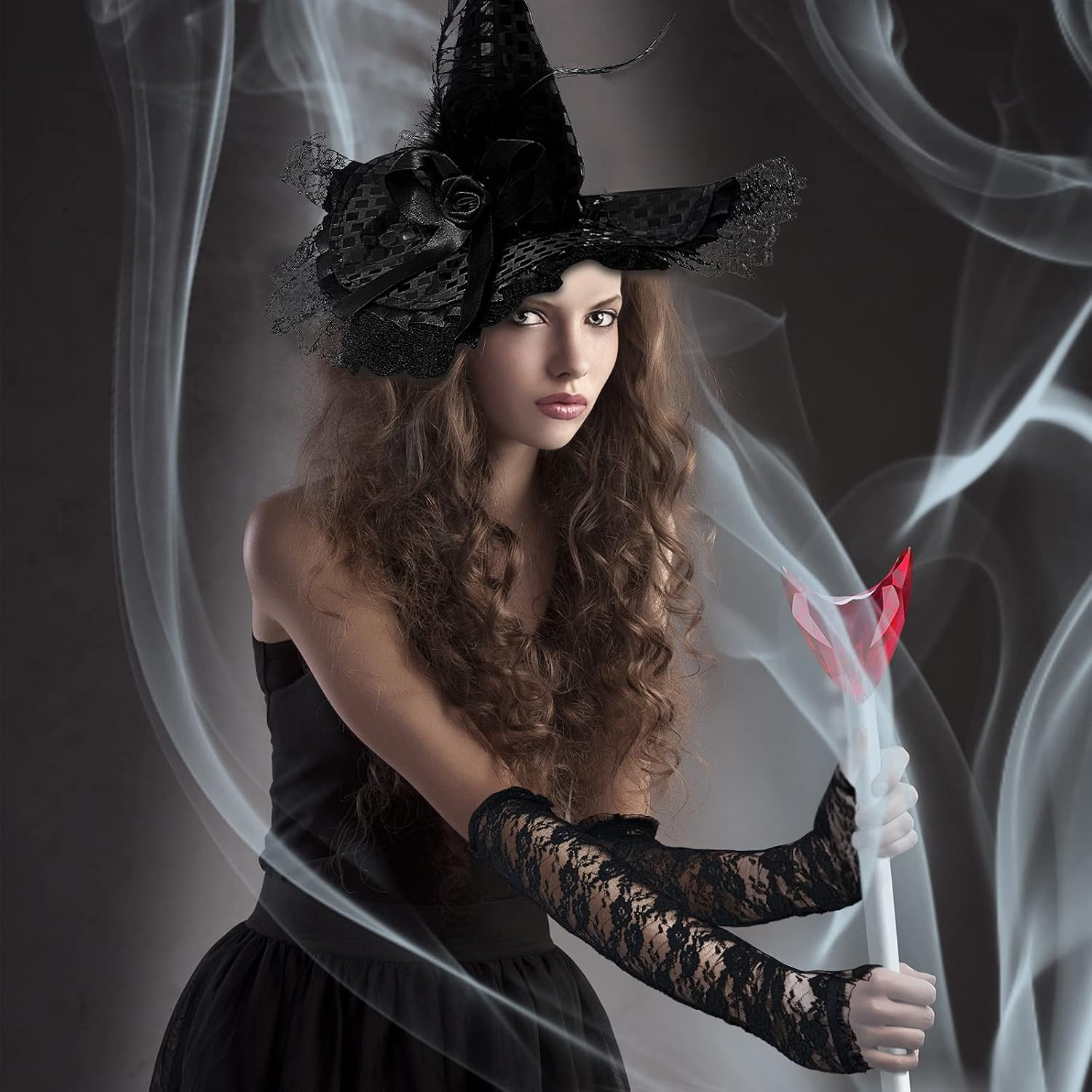 4 Pcs Halloween Witch Hat Headband and Lace Gloves Set | Black Lace Fingerless