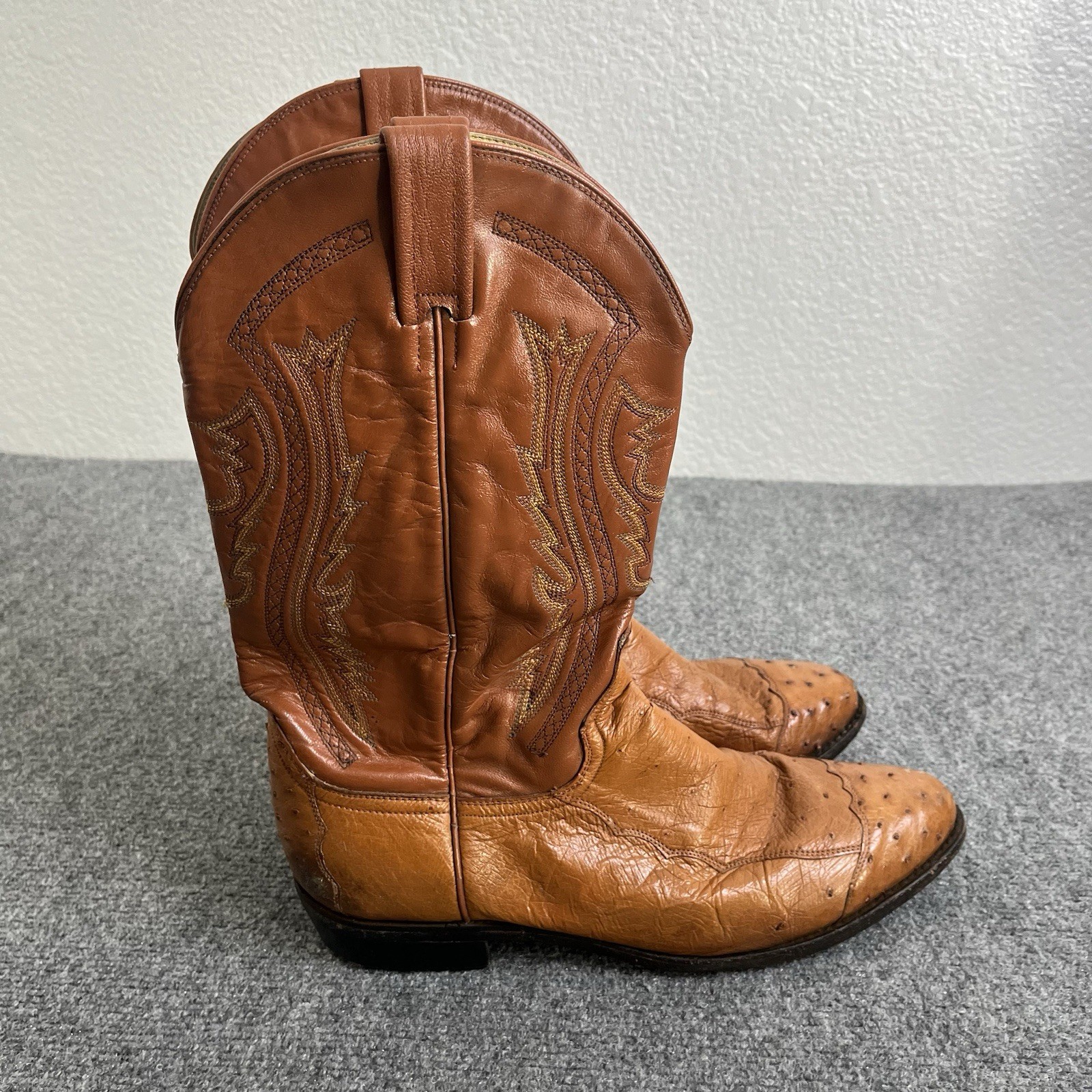 Dan Post Ostrich Cowboy Boots Mens 12D Brown Full Quill Western Vintage