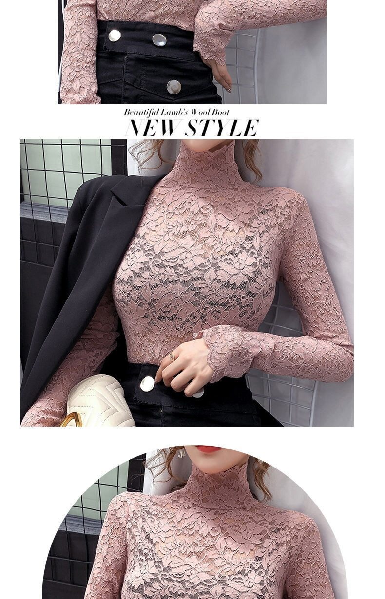 Half High Collar Lace Bottomed Blouse Mesh Hollow Out Long Sleeve Shirt Plush
