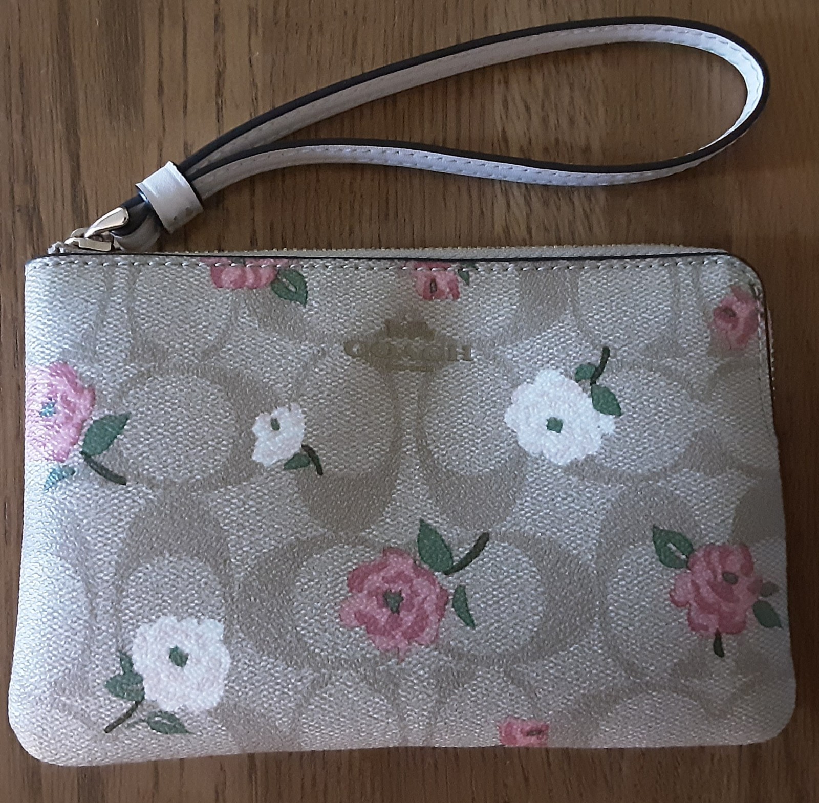 Coach Corner Zip Signature Floral Pink White Khaki Wristlet