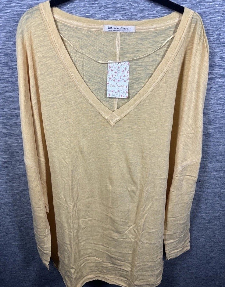 NEW Free People Women’s On My Mind V-Neck Long Sleeve Shirt Camel/Yellow Size M