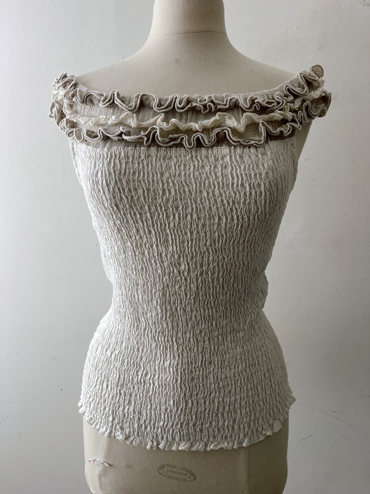 Vintage Mastro Moda Cream Linen Smocked Ruffle Tube Top Cottagecore Milkmaid