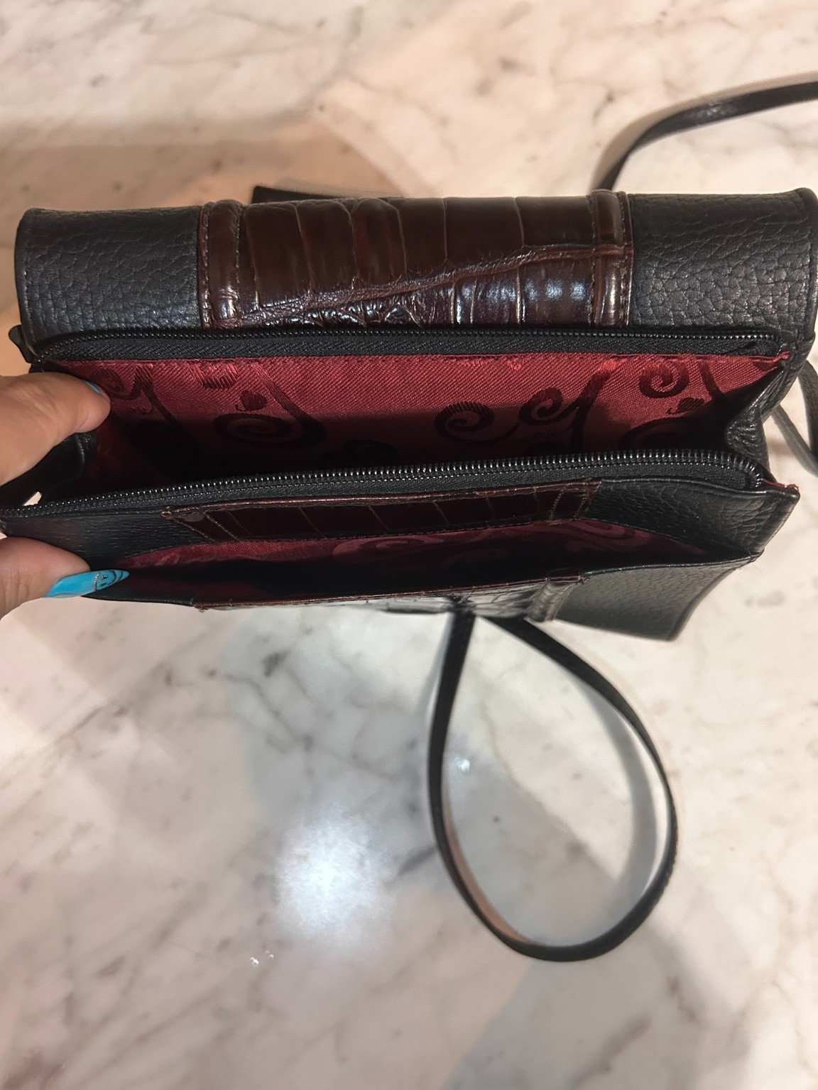 VTG Brighton Black Croc Embossed Leather Wallet Crossbody Organizer Bag Purse