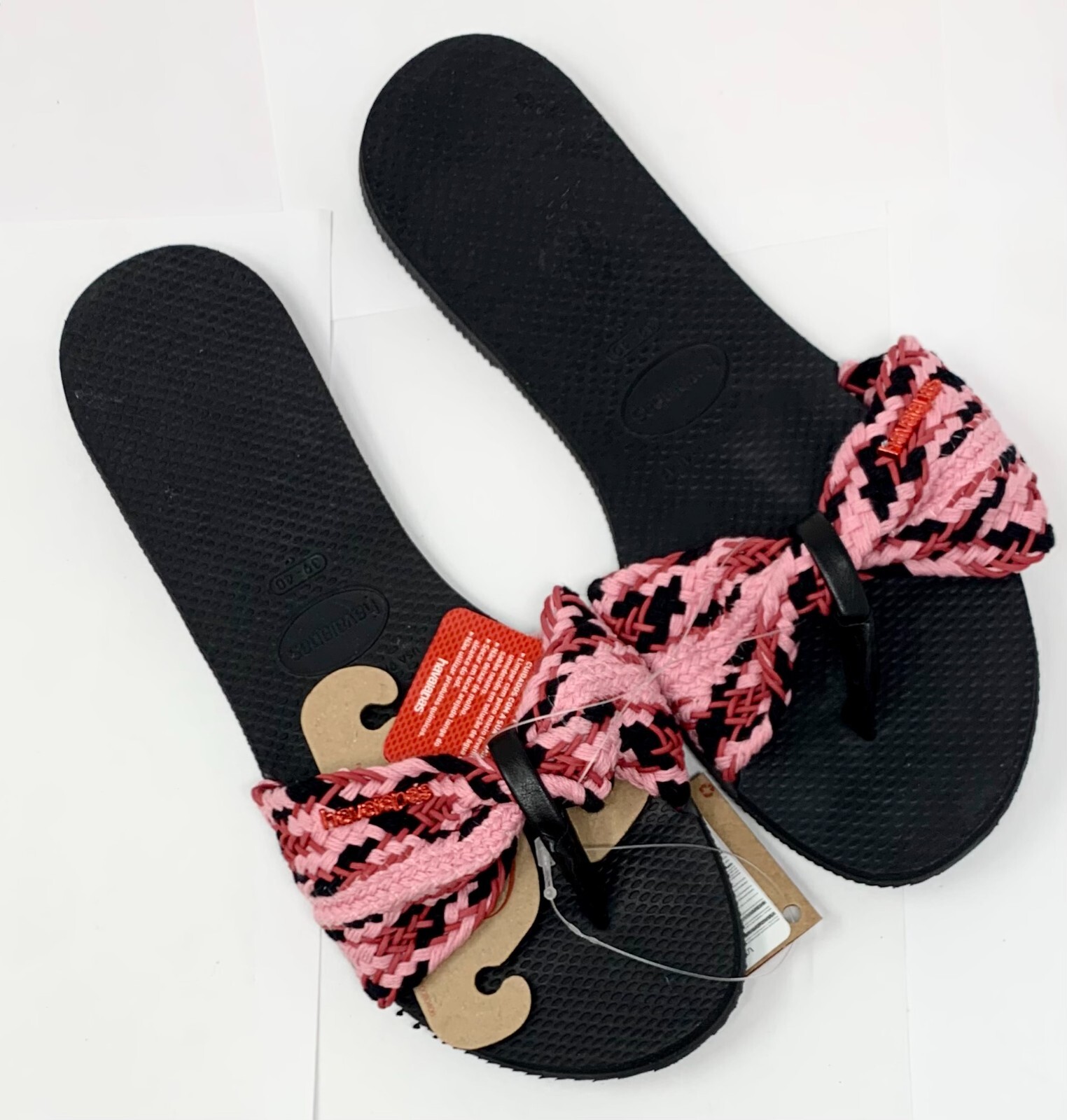 Original HAVAIANAS Womens You St Tropez Mesh Flip Flops Black Pink Bow 9 10 W