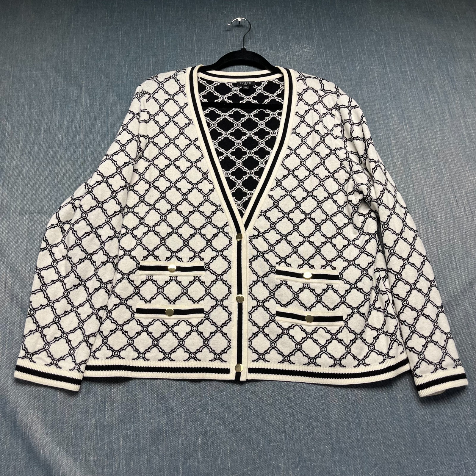 Talbots Plus Women’s Cardigan Tank Set Size 1X White Black Gold Button Sweater