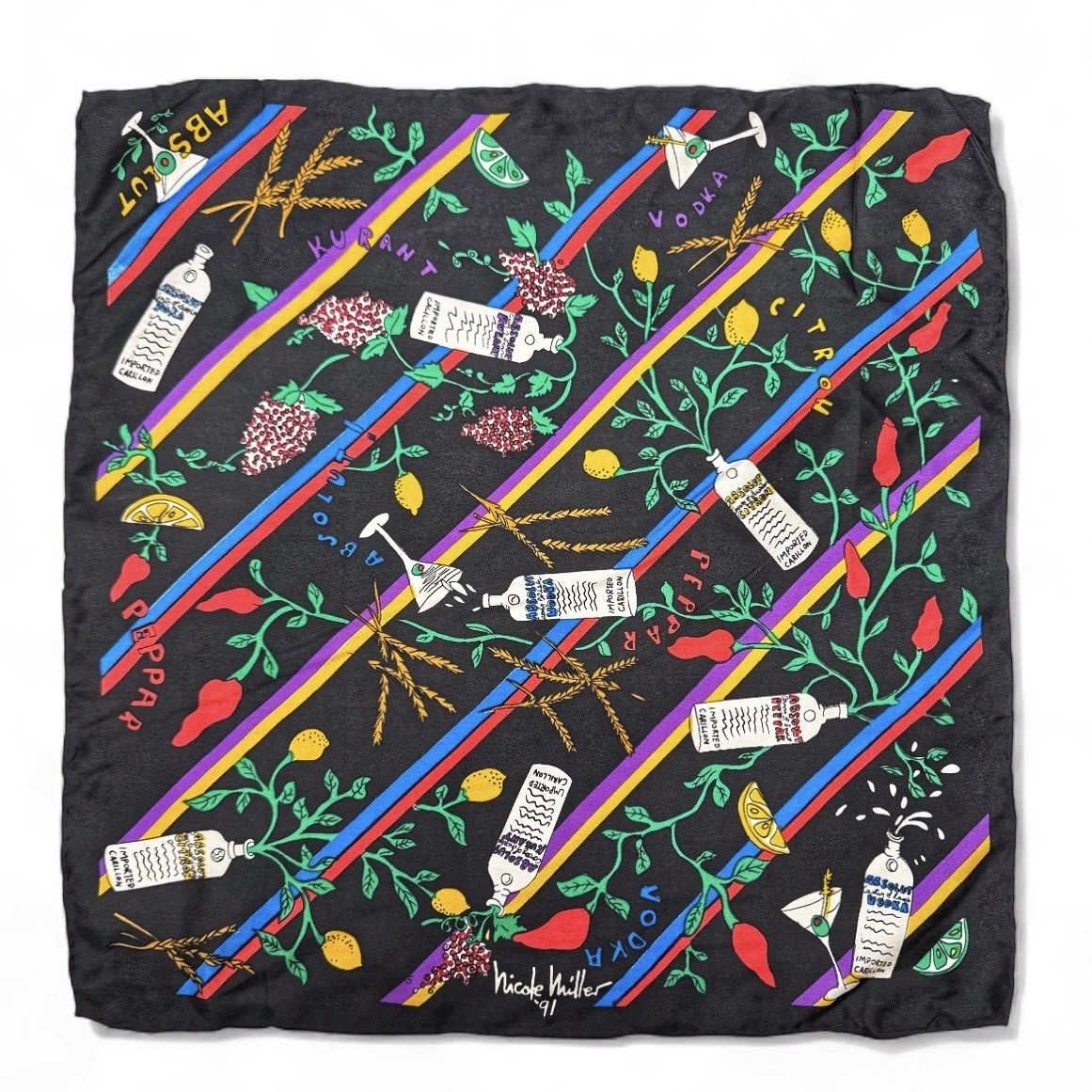 Vintage 1991 Nicole Miller x Absolut Vodka Martini Print Silk Square Scarf 16×16