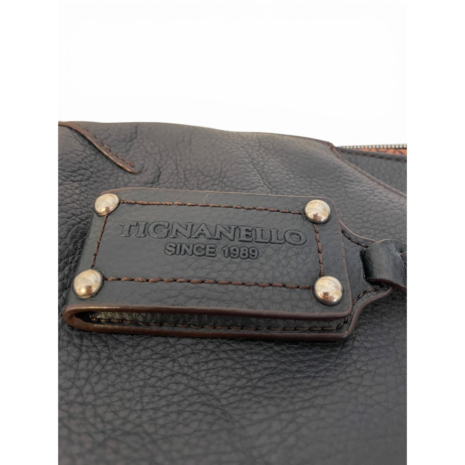Tignanello Navy Pebbled Leather Domed Satchel Purse Built-In Wallet Mirror Tag