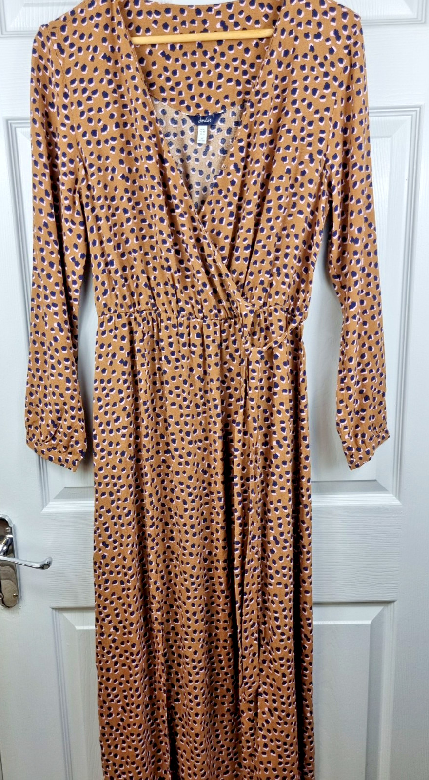 Joules Chloe Fixed Wrap Dress Mocha Leopard Print Midi Length V Neck Uk 12