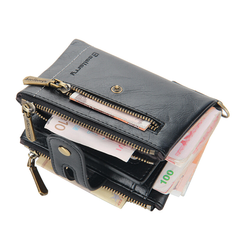 Mens Wallet Genuine Leather RFID Bifold with Chain and Double Zipper Coin Pocket