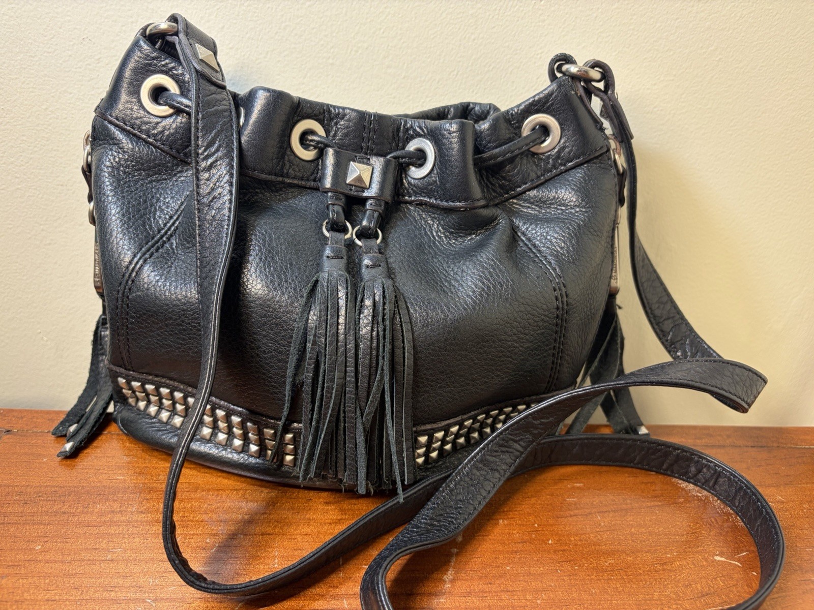B. Makowsky Black Leather Fringe Studded Hobo Crossbody Bag Luxury Black NEW